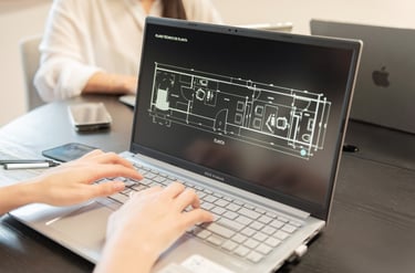 Diseño de plano técnico de vivienda en construcción modular realizado en ordenador