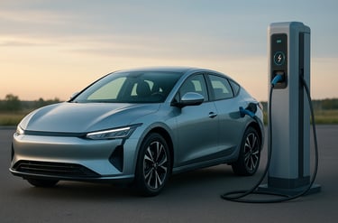 Carro elétrico moderno prateado conectado a uma estação de recarga ao entardecer, simbolizando inova
