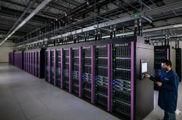 Homem monitorando fileiras de racks do supercomputador HPE Cray EX em um data center 