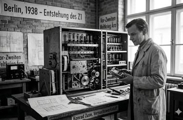 Konrad Zuse no computador Z1 em oficina de Berlim, antes da Segunda Guerra Mundial