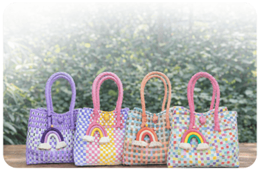 Handwoven jali bag collection handcrafted in Indonesia with colorful designs by Craftvitas