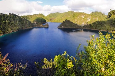 A panoramic view of the Montebello Lakes with crystal clear blue water in Chiapas Mexico