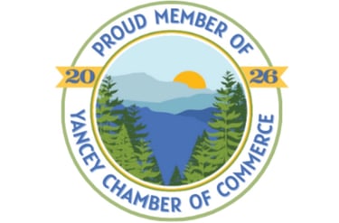 Yancey Chamber of Commerce 2026 Proud Member badge with Blue Ridge Mountain sunrise illustration