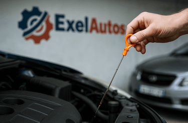 Prise de mesure du niveau d’huile moteur dans un garage auto ExelAutos