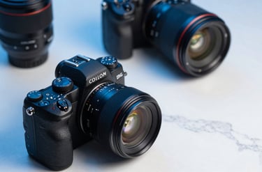 A close-up shot of professional camera gear and high-end tech accessories on a polished white marble surface, clean shadows, light blue and sapphire blue color palette, sleek and professional.