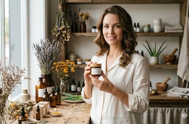 Mulher sorridente segurando um frasco de cosmético orgânico para cuidados com a pele, em uma botica 