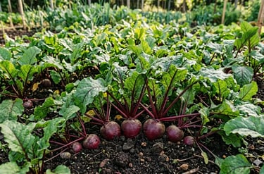 Beterrabas vermelhas orgânicas frescas no solo do jardim com folhas e talos verdes.