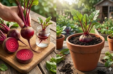 Beterrabas sendo rebrotadas na água e depois cultivadas em vaso de terracota em uma horta ensolarada