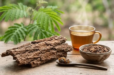 Pedaços naturais de casca de angico com chá de ervas e resina para medicina tradicional.