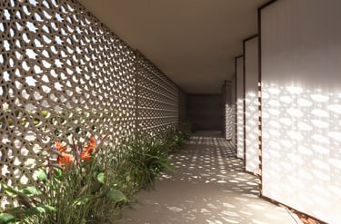 Geometric mashrabiya corridor, House of the Future UAE