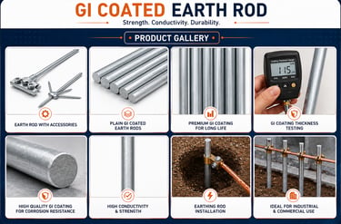 Product gallery showing GI coated earth rod features, including thickness testing and earthing installation.