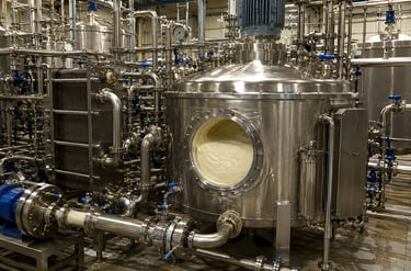 Industrial starch-processing tank with thick slurry, sanitary pumps, piping, and heat-exchange equipment.