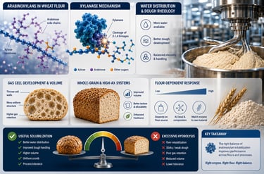 Industrial baking infographic showing xylanase action on wheat arabinoxylans, improved water distribution