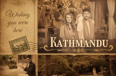 Vintage Kathmandu postcard featuring a couple and a musician in Nepal with wishing you were here text.