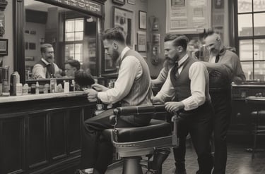 A vintage barbershop scene with a barber cutting a customer's hair. The shop interior features a simple setup with mirrors and shelves lined with various grooming products. The entrance door has Chinese characters on it. The atmosphere is classic, reflecting an old-fashioned style with wooden elements and a tiled floor.