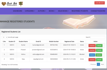 Library Management System - Admin Manage Registered Students page