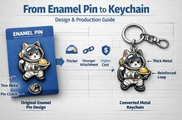 Illustration showing how an enamel pin design is transformed into a metal keychain