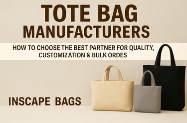 tote bag manufacturers blog image with canvas bag in black, beige, and in grey colour. with text bag manufacturers 