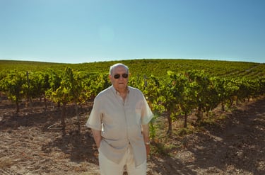Un retrato de rafael Córdoba gerente de Pérez Barquero delante de un viñedo tradicional