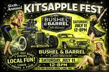 Poster for Kitsapple Fest featuring vintage pinup models, a classic hot rod, and a Datsun car at Bushel and Barrel