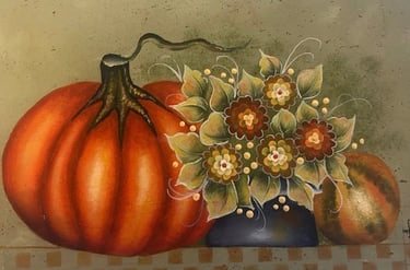 Sandy DeAngelo an acrylic painting of pumpkins and fall flowers 
