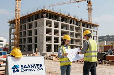 A panoramic view of a modern commercial construction site with workers in action under clear skies.