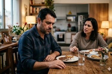 Casal estressado discutindo durante o jantar em casa, evidenciando conflitos e falhas na comunicação