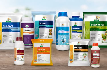A collection of agricultural fungicides and pesticides by Iprochem displayed on a wooden surface.