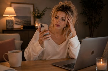 A stressed woman looks at her smartphone while working at a laptop in a dimly lit room.