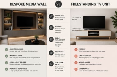 Comparison of a bespoke media wall and a freestanding TV unit, highlighting differences in storage, 