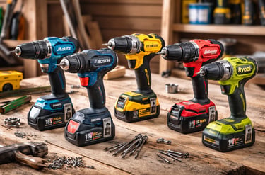 A row of 18V cordless power drills from Makita, Bosch, DeWalt, Milwaukee, and Ryobi on a wooden workbench.