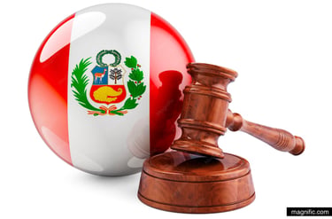 A wooden judge gavel resting next to a glossy sphere featuring the flag of Peru representing the Peruvian justice system.