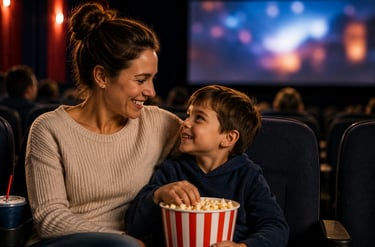 A mother and son enjoying a movie at the theater.