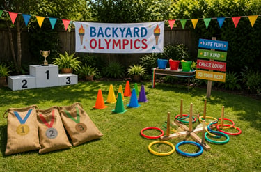 A setup of a backyard Olympics setup with various games and trophy stand.