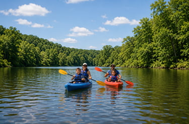Family enjoying a kayaking adventure on a peaceful lake as part of a community outdoor program.