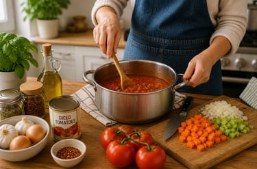 A person making spaghetti sauce.from scratch. 