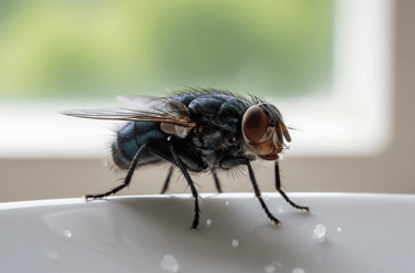 Macro shot of a common house fly with red eyes sitting on a white ceramic plate with sugar granules.