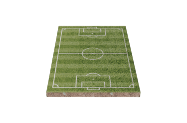 3D isometric view of a green grass football pitch with white line markings on a black background.