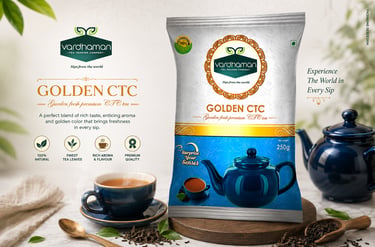 Vardhaman Golden CTC garden fresh premium tea packaging with a steaming tea cup and teapot.