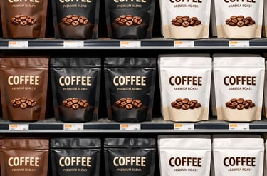 Stand up coffee packaging with strong shelf impact for retail display