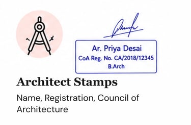Custom architect stamp for drawings, blueprints, design approvals, and construction documents.