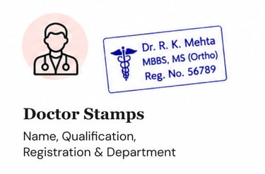 Custom medical doctor stamp featuring name, MBBS qualification, and registration number details.