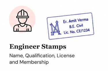 Customized civil engineer stamps showing professional license name and qualification details.