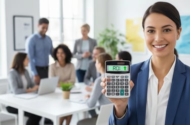 Mulher segura calculadora com a palavra ROI mostrando o lucro do investimento