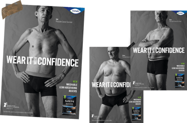 Drie zwart-wit affiches van oudere mannen met prostaatkanker in ondergoed