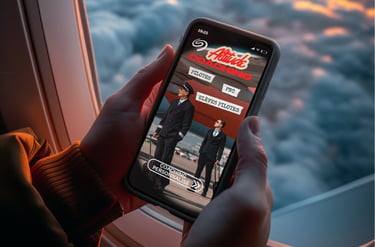 Post d'une coach bien-être  pour pilotes sur un smartphone lors d'un vol au-dessus des nuages.