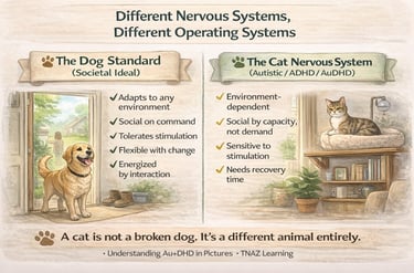 An infographic comparing the Dog Standard vs Cat Nervous System to explain AuDHD and neurodiversity.