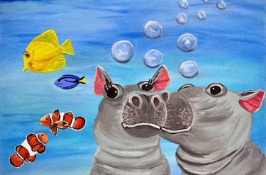 a painting of two hippo in the ocean