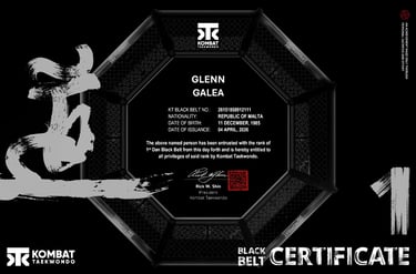 Official Kombat Taekwondo 1st Dan Black Belt certificate issued to Glenn Galea from Malta.