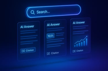 Modern AI search interface with glowing blue cards showing AI-generated answers
